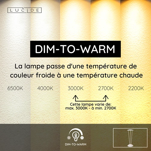 Lucide RENEE - Lampe de table Rechargeable Intérieur/Extérieur - Batterie/Piles - Ø 12,3 cm - LED Dim to warm - 1x2,2W 2700K/3000K - IP54 - Avec station de charge sans fil - Blanc - USP